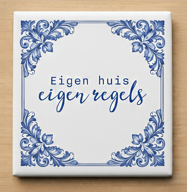 Delfs blauw tegeltje eigen huis eigen regels