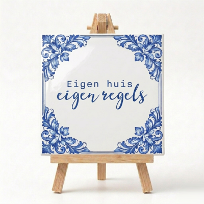 Delfs blauw tegeltje met standaard eigen huis eigen regels