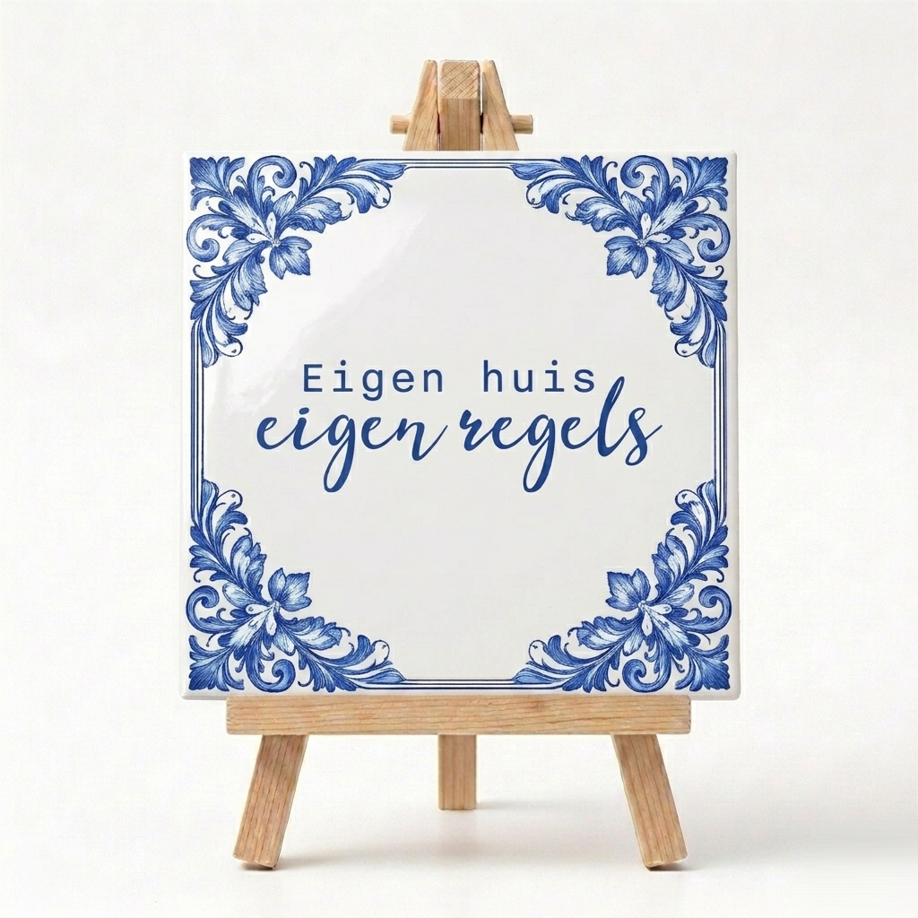 Delfs blauw tegeltje met standaard eigen huis eigen regels