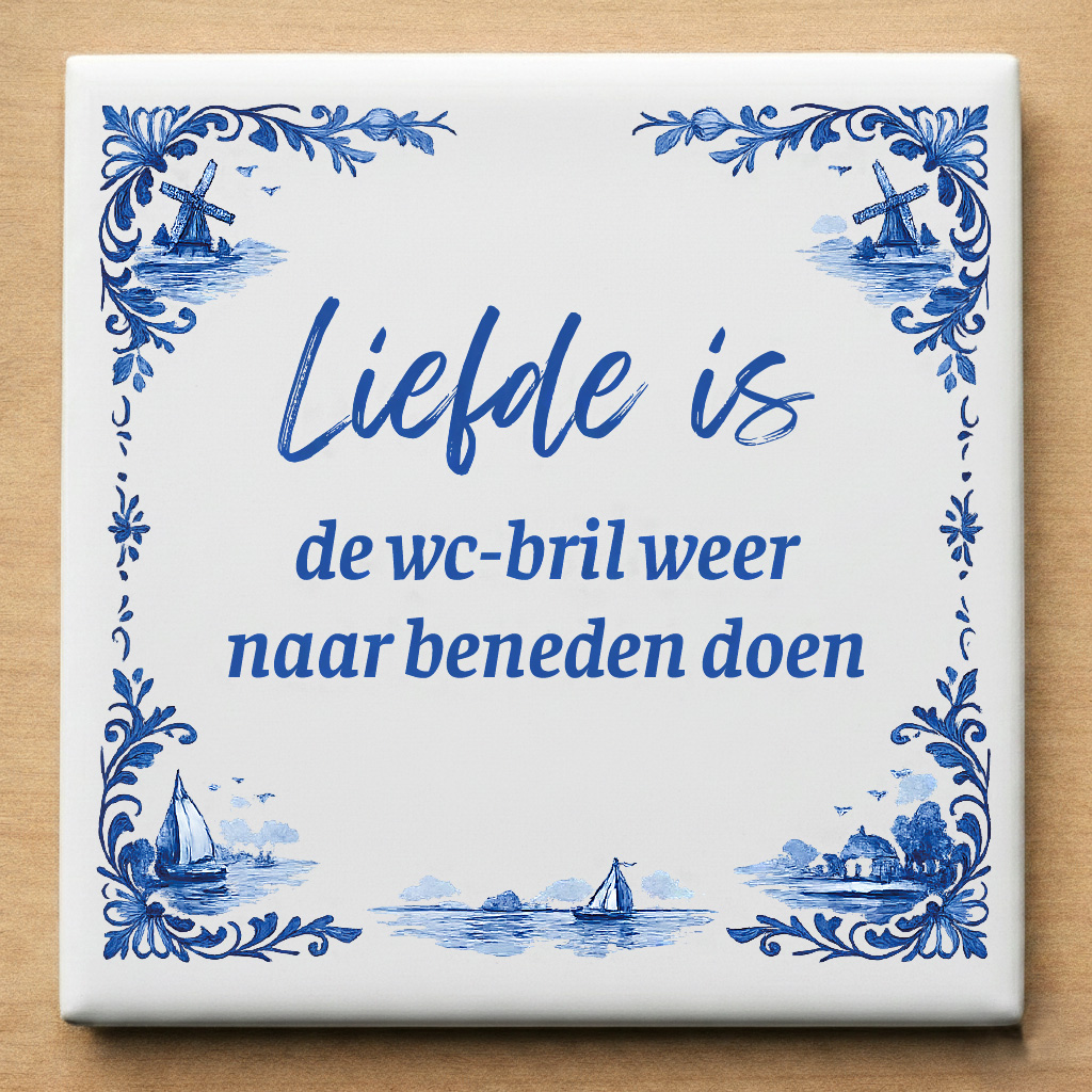 Delfst blauw tegeltje Liefde is de wc-bril weer naar beneden doen