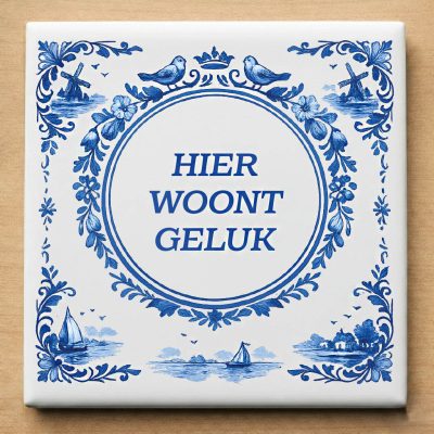 Delfst blauw tegeltje hier woont geluk