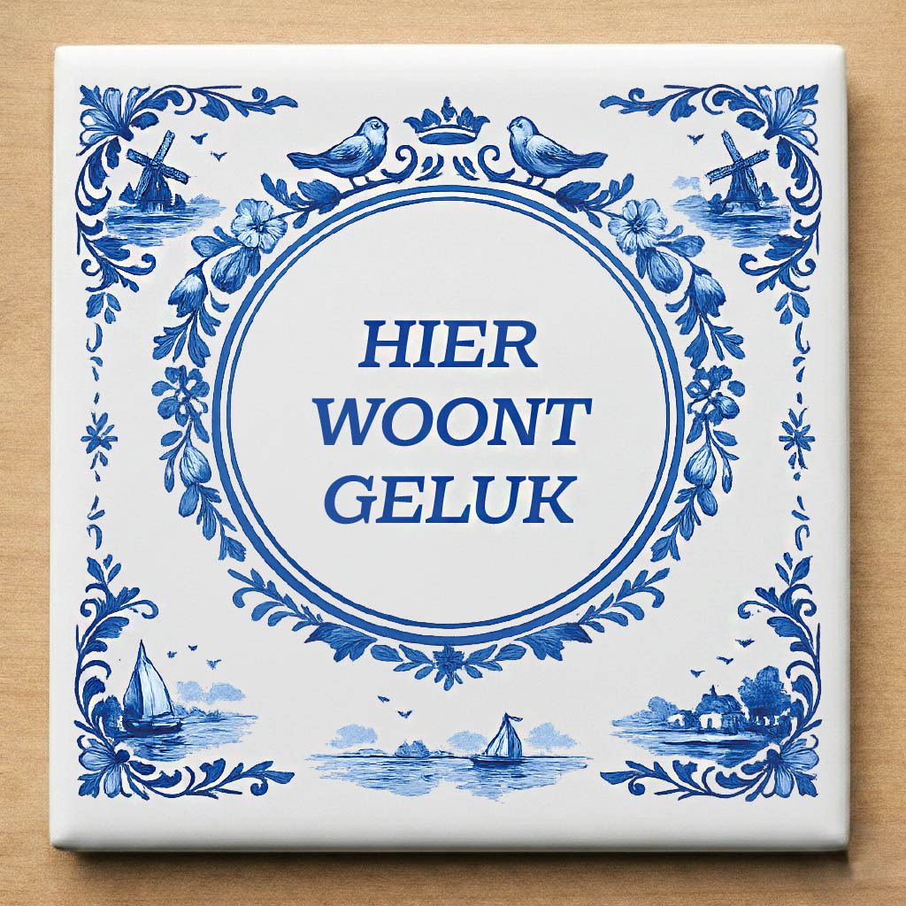 Delfst blauw tegeltje hier woont geluk
