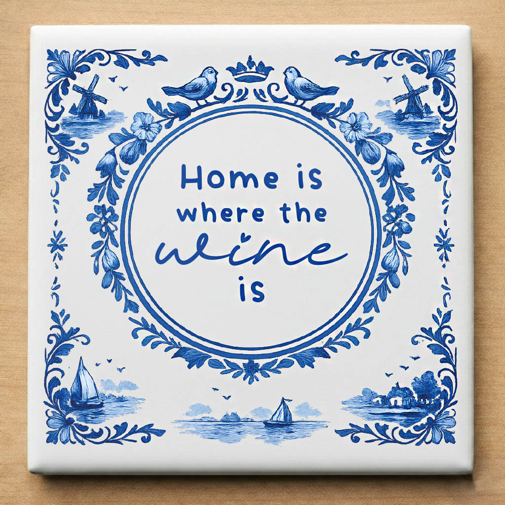 Delftsblauw Tegeltje Cadeau Home Is Where The Wine Is