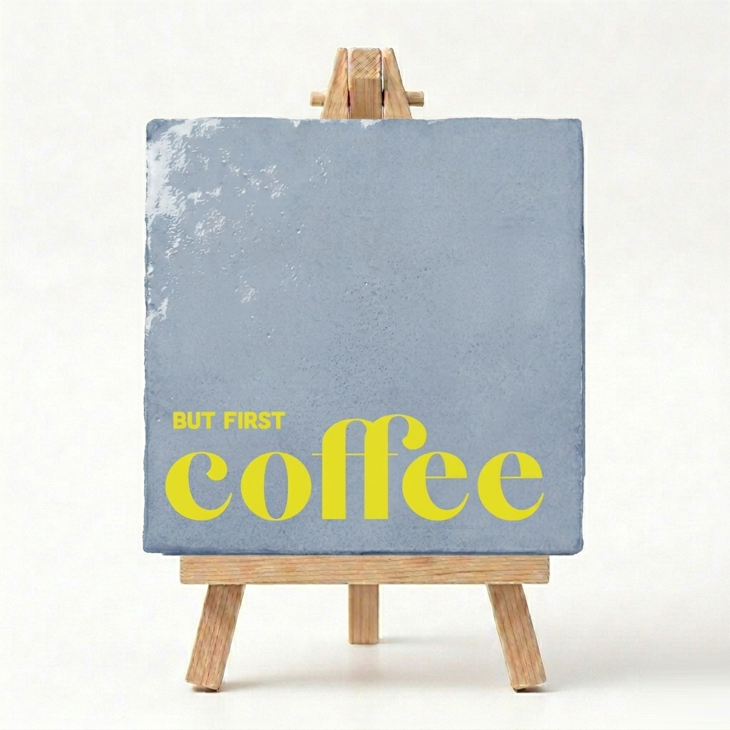 Blauw Tegeltje But First Coffee